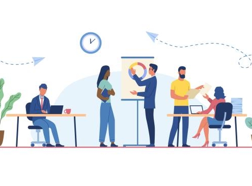 Scene with business people working in the office. Minimal co-working space. Group of working office employees. Concept of team project, brainstorm, teamwork process. Flat cartoon vector illustration